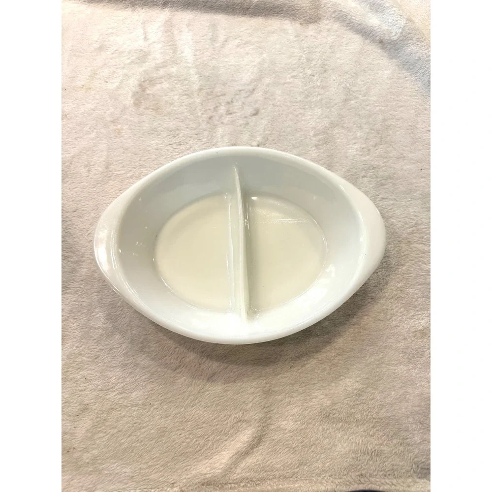 Vintage Glasbake White Milk Glass Divided Oval Casserole Dish J2352 USA Made